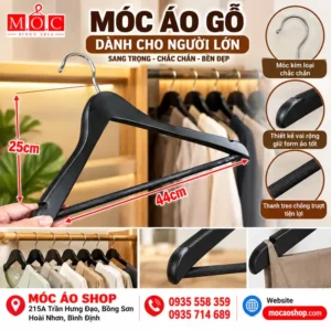 Móc áo gỗ cao cấp vai rộng 44cm, móc kim loại, thanh treo chống trượt - Móc Áo Shop Bồng Sơn, Hoài Nhơn