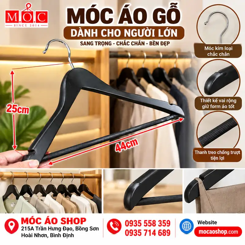 Móc áo gỗ cao cấp vai rộng 44cm, móc kim loại, thanh treo chống trượt - Móc Áo Shop Bồng Sơn, Hoài Nhơn